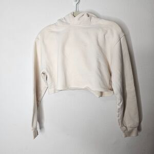 TNA Tan Long Sleeve Crop Fleece Hooded Sweatshirt Rib Trim Sleeves Raw Hem Small